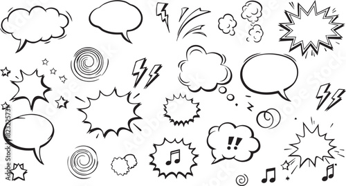 A collection of handdrawn comic book style elements, featuring speech bubbles, thought clouds, explosive bursts, lightning bolts, and expressive doodles