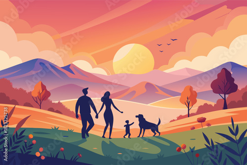 Family adventure awaits enjoying scenic landscape with dog at sunset, a vibrant scene of togetherness, love, and peaceful moments in nature