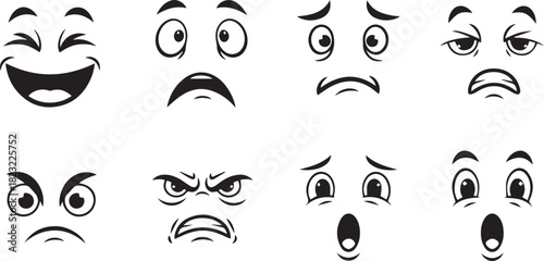 A collection of eight distinct cartoon facial expressions, including happy, sad, angry, and surprised emotions, rendered in black and white line art