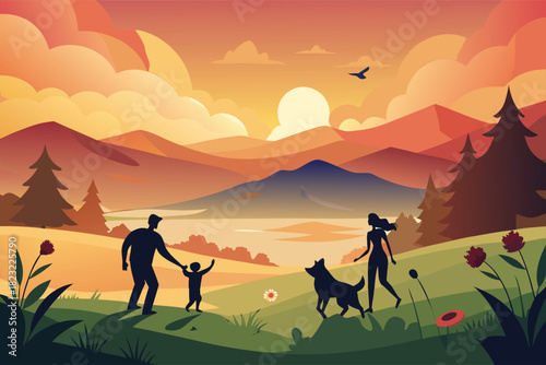 Family enjoying a vibrant sunset walk with their dog in a stunning landscape, creating precious memories together in a serene and peaceful environment