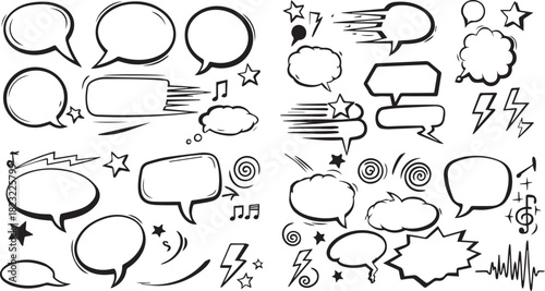 A set of handdrawn comic speech bubbles, thought clouds, and expressive doodle elements, featuring stars, lightning bolts, and speed lines