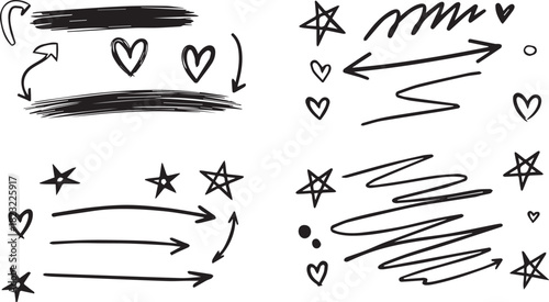Handdrawn doodle elements set featuring various arrows, hearts, stars, and scribbles, perfect for adding a unique artistic touch to creative projects, white