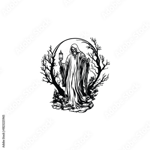 Mystical vintage vector illustration of an old man, wizard, or hermit in a hooded robe, holding a glowing lantern, standing amongst bare, thorny trees