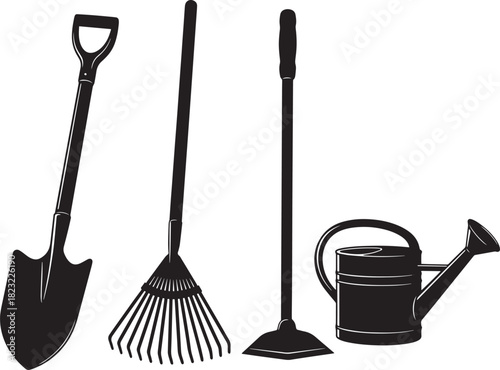 A collection of essential gardening tools, including a sturdy shovel, a leaf rake, a garden broom, and a classic watering can, all presented as black silhouettes