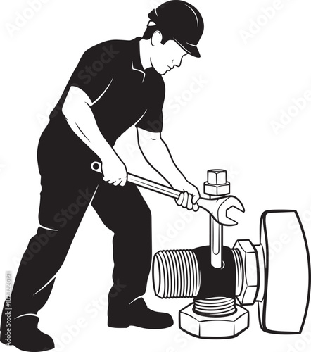 A male worker in a hard hat and uniform uses a large wrench to adjust a pipe fitting or valve, demonstrating professional plumbing or mechanical work