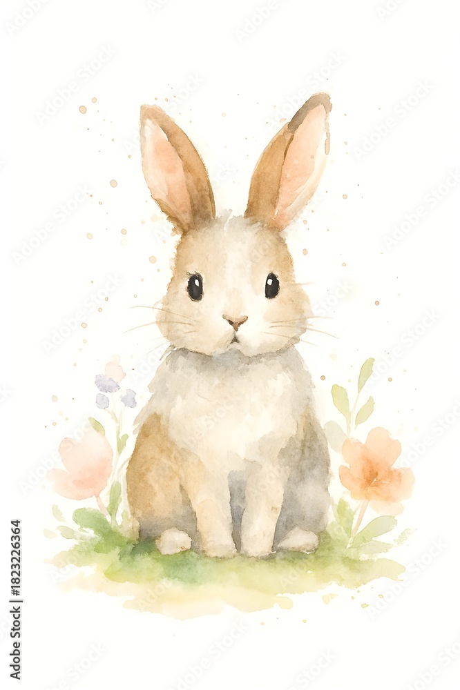 Obraz premium Watercolor Illustration of Alert Rabbit with Floral Background