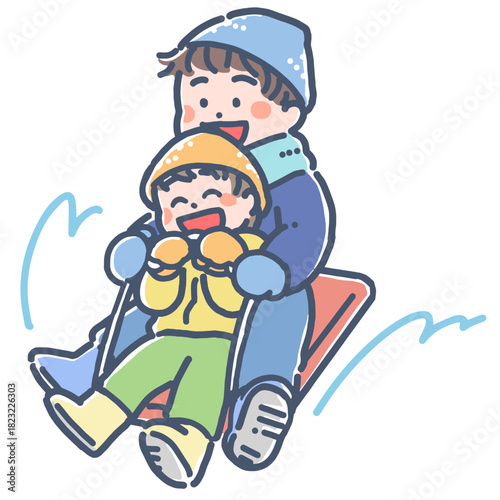 冬にソリで遊ぶ子ども2人のイラスト
