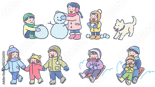 冬の遊びをする子どものイラストセット（雪だるま・スケート・ソリ）
