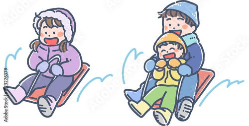 冬にソリで遊ぶ男の子と女の子のイラスト
