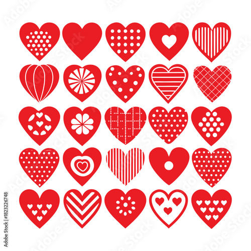 Grid of Red Hearts with Diverse White Patterns on White Background love romance