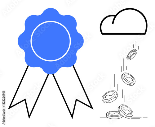 Blue award ribbon beside a cloud dropping coins. Ideal for themes thumbs up achievement, online rewards, financial success, recognition, cloud technology, e-commerce, and incentives. Simple flat