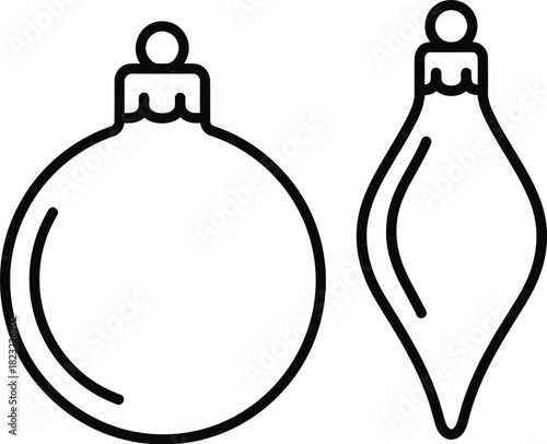 Two simple christmas tree ornaments, one round and one teardrop shaped, isolated on white background