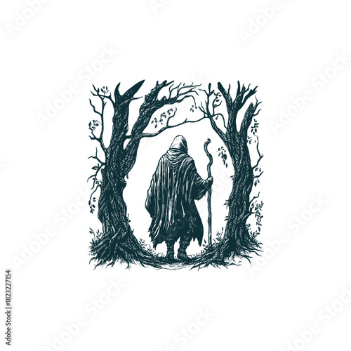 A vintage, dark engraving illustration depicting a mysterious hermit, wizard, or sorcerer seen from the back, standing between two imposing, spooky trees in a dense, stylized forest