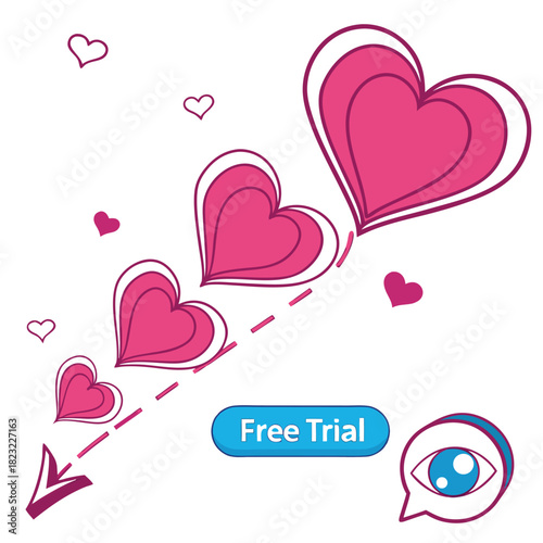 Hearts progressing with free trial and eye icon love offer