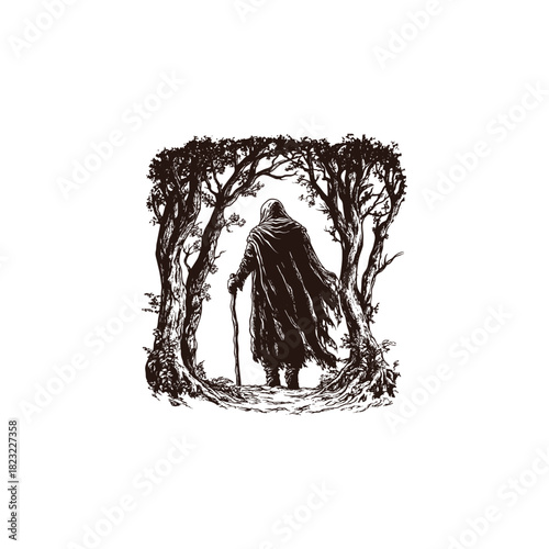 A vintage, dark engraving illustration depicting a mysterious hermit, wizard, or sorcerer seen from the back, standing between two imposing, spooky trees in a dense, stylized forest
