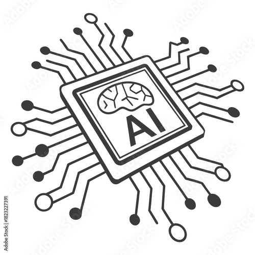 Stylized illustration of a central computer chip with a brain graphic and ai text connected by circuit lines to surrounding nodes representing artificial intelligence and technology