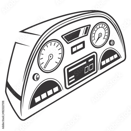 Stylized black and white illustration of an aircraft cockpit dashboard with various gauges and controls viewed from a dynamic angle