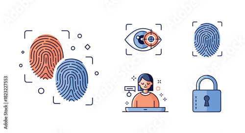A collection of colorful icons illustrating digital security concepts, including biometric authentication, user identification, and secure access methods.
