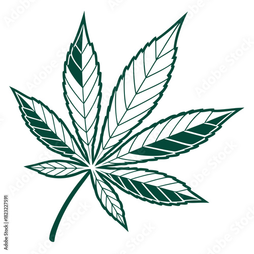 Stylized dark green cannabis leaf illustration with detailed veins and segmented patterns on a clean white background representing natural growth and organic design elements