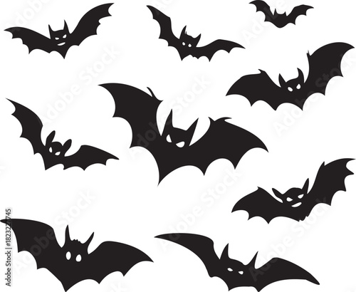 Set of Halloween bat silhouette vector Flying Bats Silhouette
