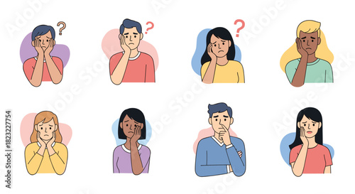 A collection of diverse men and women portrayed with expressions of thought, confusion, doubt, and worry, often accompanied by question marks.