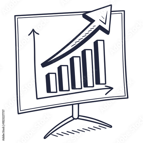 Doodle style hand drawn bar chart with upward trending arrow and axis indicating growth and positive financial performance on a whiteboard stand