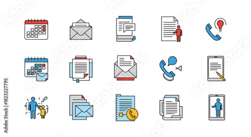 A collection of modern flat design icons representing various aspects of business communication, office tasks, scheduling, and personal interaction.