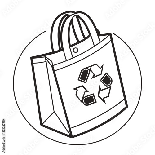 Stylized black and white illustration of a reusable shopping bag with a prominent recycling symbol on its front panel enclosed within a circular border