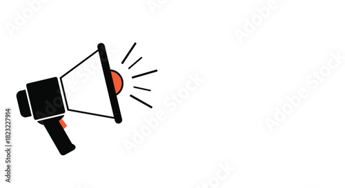 A minimalist black and white megaphone with a red accent, emitting sound waves, symbolizing announcement, communication, or marketing.