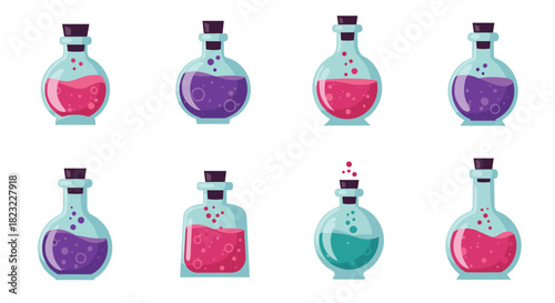A whimsical set of eight fantasy potion bottles, featuring diverse shapes and vibrant bubbling liquids for magical themes.