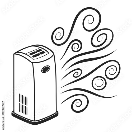 Stylized black and white illustration of a modern air purifier emitting swirling streams of clean air and gentle breezes