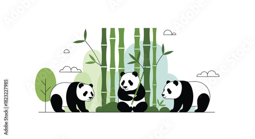 Three adorable pandas, a symbol of wildlife and conservation, peacefully inhabit a lush bamboo forest under a clear sky.