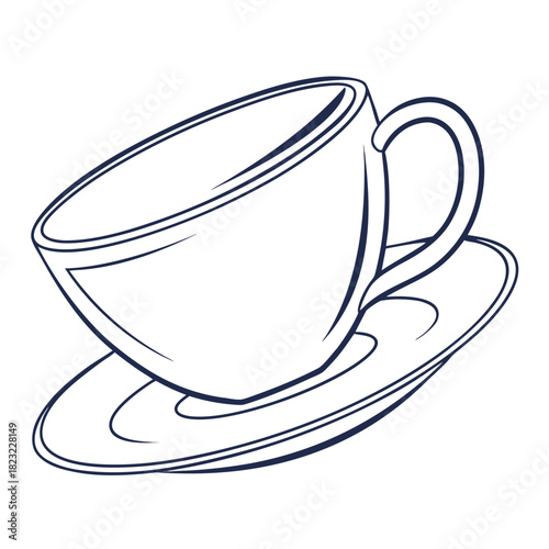 Elegant minimalist line art illustration of a classic coffee cup and saucer in a simple dark blue outline on a clean white background