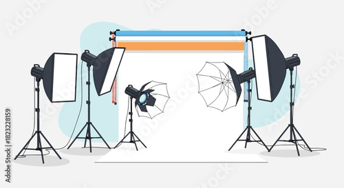 A professional photography studio setup with various lighting equipment, including softboxes, strobe lights, and umbrellas, against a white backdrop.