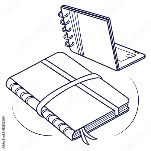 Two distinct notebook designs one with a spiral binding and the other with a strap closure presented in a clean line art illustration style