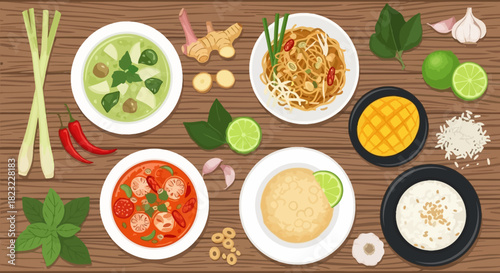Delicious Thai Food Flat Lay Illustration