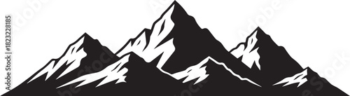 A stark black and white illustration depicts a mountain range with jagged peaks and snowy caps against a white background.