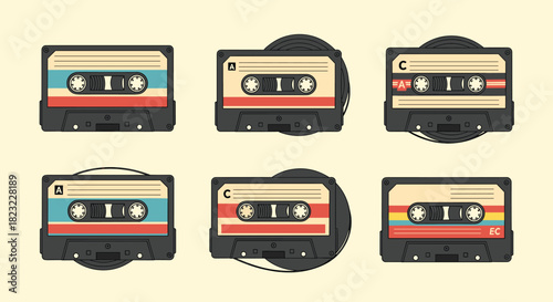 A collection of retro and vintage audio cassette tapes with various colorful designs, arranged on a light background.