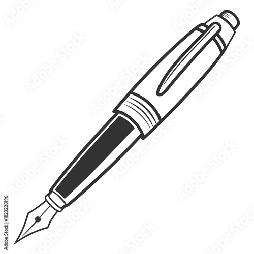 Elegant black and white illustration of a classic fountain pen with a pointed nib and a silver clip on a clean white background