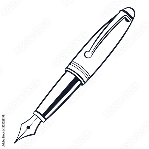 Classic fountain pen with a silver clip and nib rendered in a clean elegant black and white line art illustration style on a white background