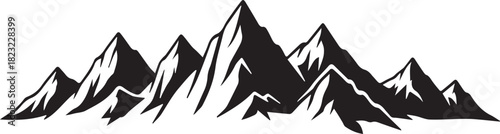 Black and white illustration of a mountain range with jagged peaks against a white background.
