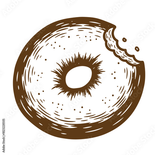 Hand drawn sketch vintage donut with a bite taken out on a white background