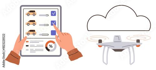 Hands selecting cars on tablet and quadcopter beneath a cloud. Ideal for logistics, automation, fleet management, technology, innovation, data analysis, and inventory. Simple flat metaphor