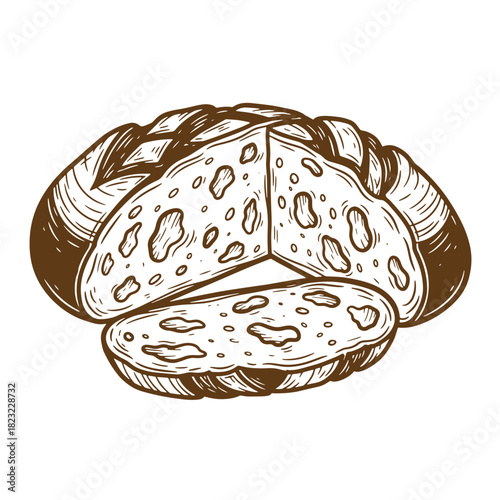 Hand drawn sketch vintage illustration of sliced loaf of bread on white background