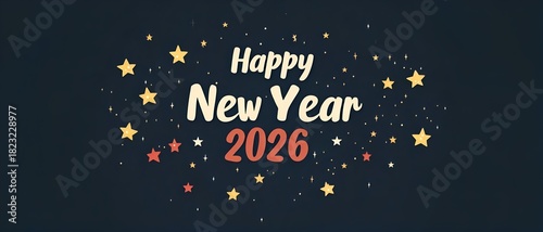 happy new year 2026 bold flat typography with minimal stars and sparkles vector design