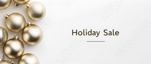 gold christmas ornaments on white background with elegant holiday sale typography, luxury minimal banner