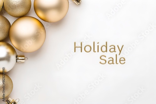 gold christmas ornaments on white background with elegant holiday sale typography, luxury minimal banner
