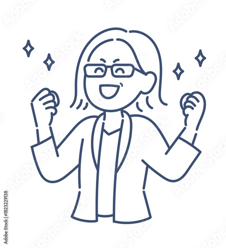 笑顔でガッツポーズをする40代ビジネスウーマンのイラスト　線画のみ