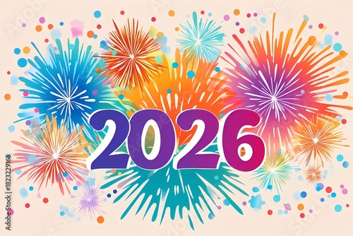 colorful fireworks behind bold 2026 text on pastel gradient background, clean festive vector banner
