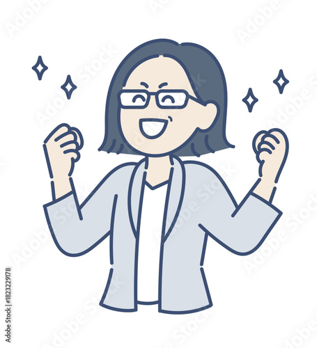 笑顔でガッツポーズをする40代ビジネスウーマンのイラスト